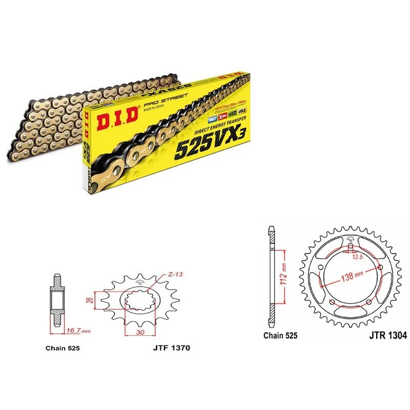 Vendita Finale Kit catena 118 DID 525VX3 corona 42 e pignone 15 15-42-118 HONDA CB 650 F 14-16